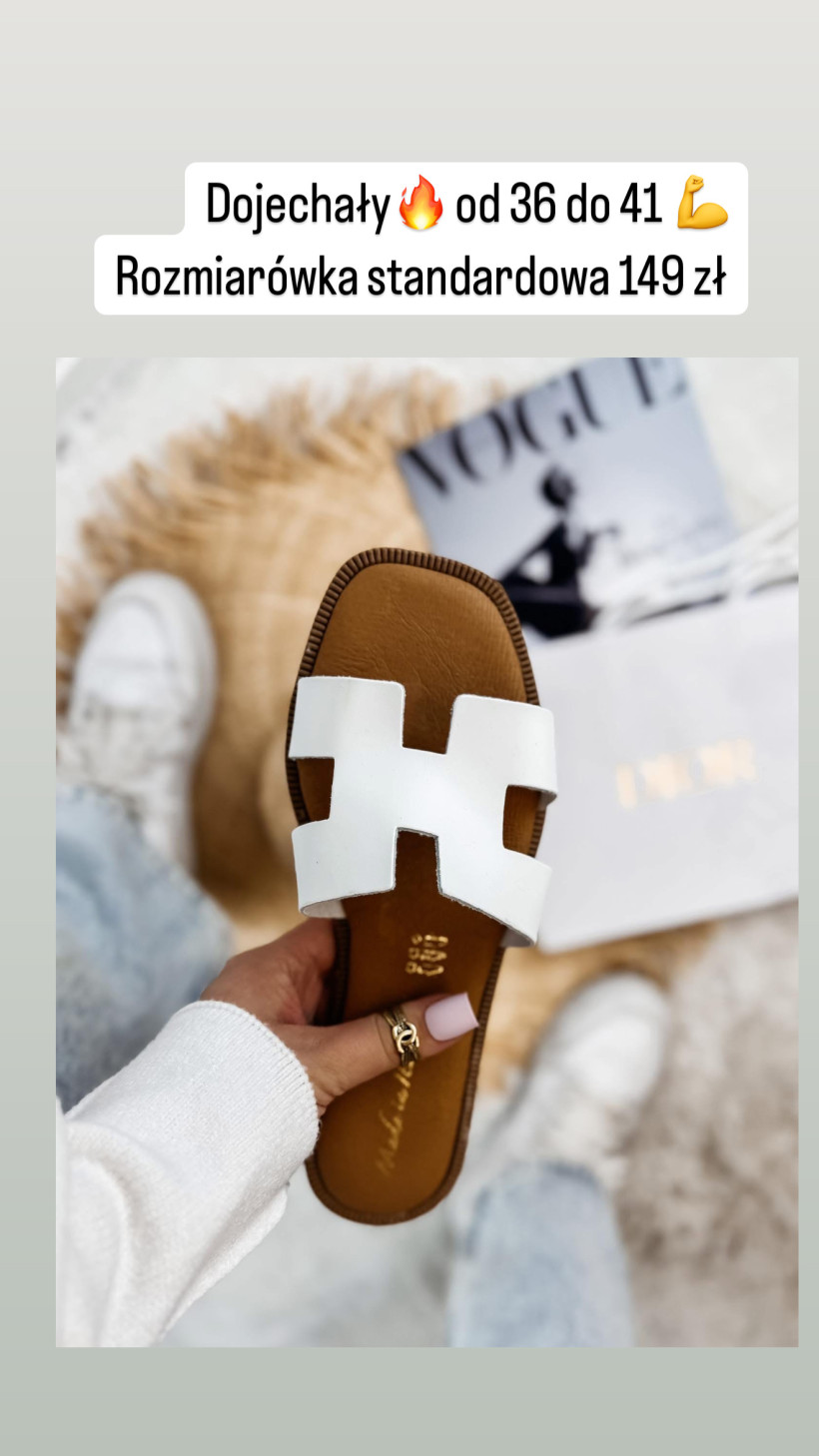 Klapki skóra naturalna na wzór H biel buty