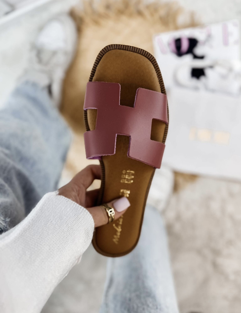 Klapki skóra naturalna na wzór H bordo buty