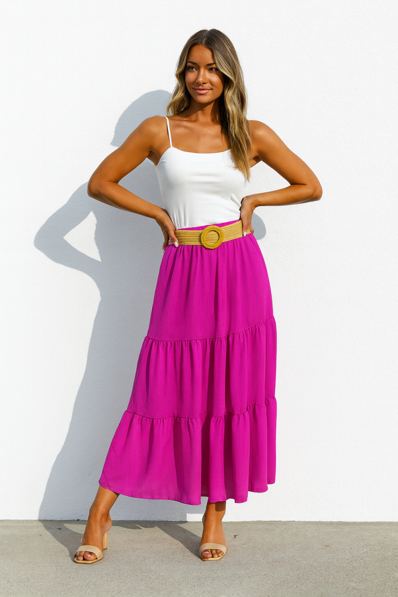 SPÓDNICA FALBANY SŁOMKOWY PASEK