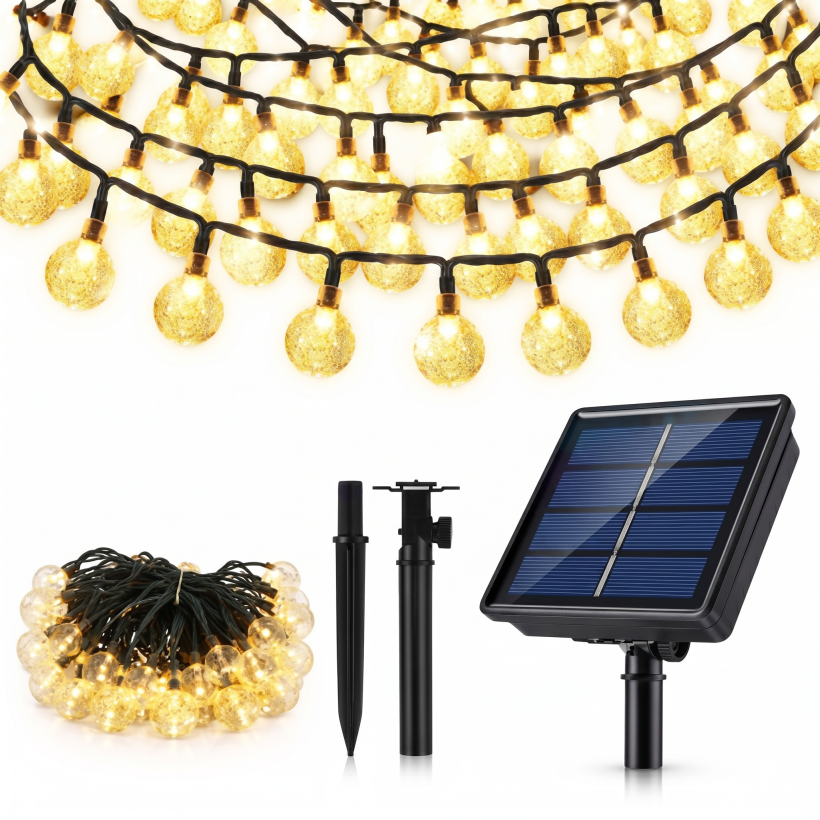 Lampki solarne girlanda kuleczki 50 LED czujnik zmierzchu 10m ciepłe światło
