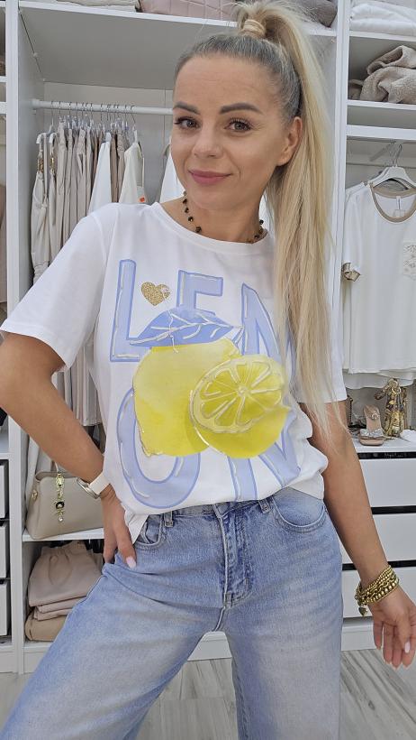 T-shirt biały z niebieskim napisem lemon i cytrynkami.