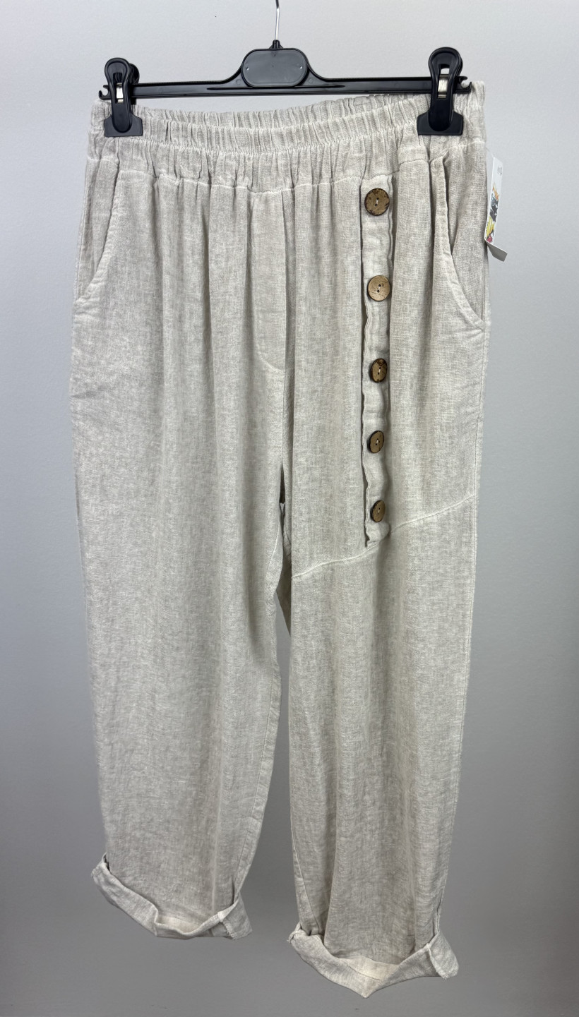 Spodnie na gumie, guziki na kieszeni - wł. - 8579 - beż