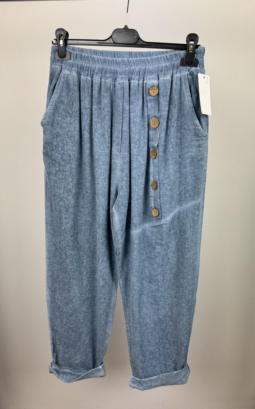 Spodnie na gumie, guziki na kieszeni - wł. - 8579 - jeans