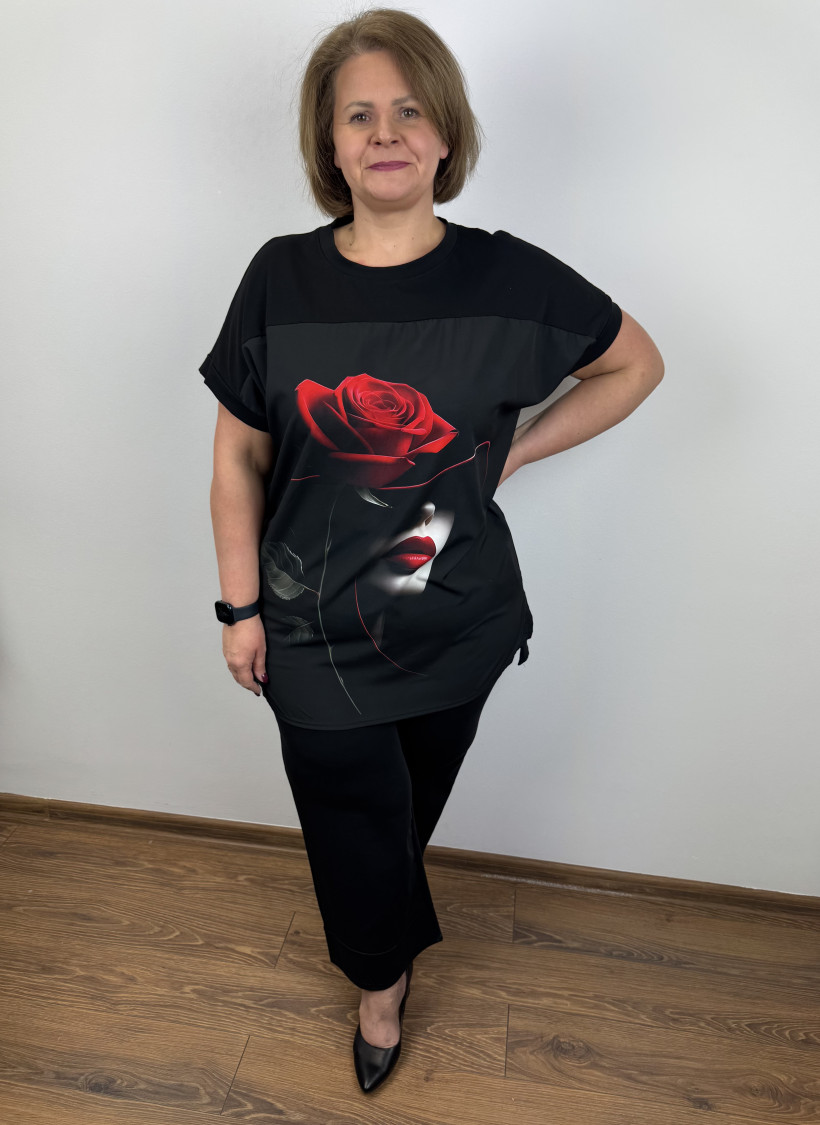 Tunika, wzór róża z twarzą - wł. - 10465 - czarna z różą