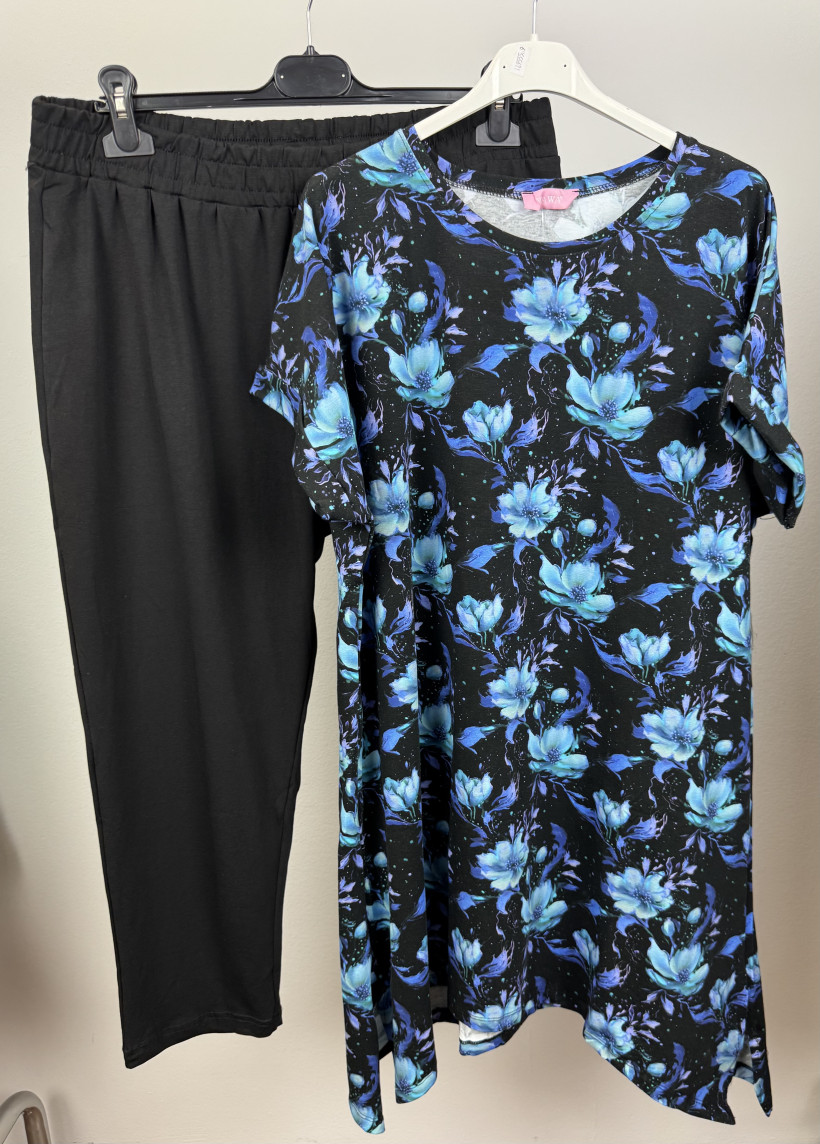 Komplet tunika z rogami w kwiaty + spodnie 3/4 gładkie - ww - 1297 - chaber