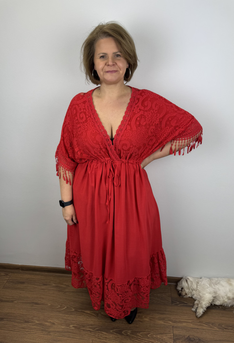 Sukienka zakładany dekold, wiązany pas, góra gipiurowa oraz dół - wł. - 24103 - czerwona