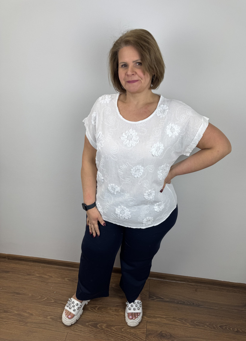 Bluzka naszywane kwiatki - wł. - 6583 - biała