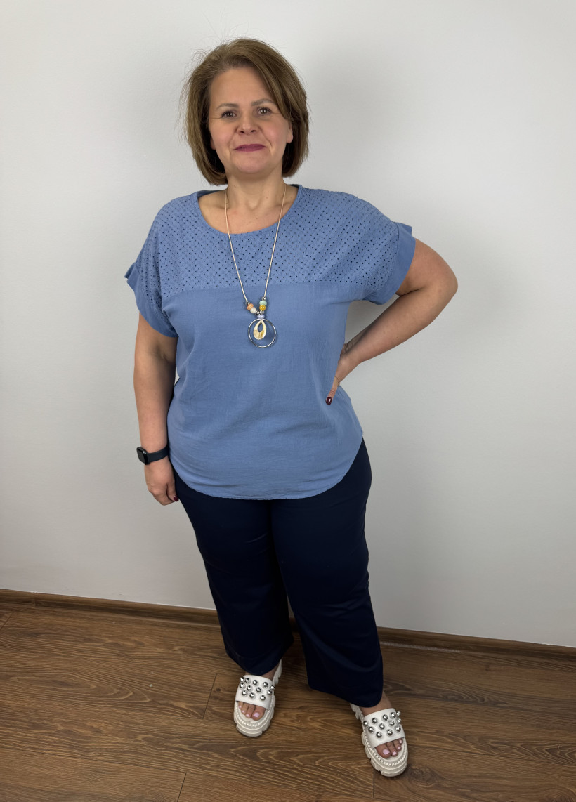 Bluzka wyszywana góra, ozdoba na szyję - wł. - 6582 - jeans