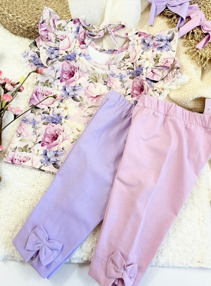 Leginsy 3/4 z kokardkami wrzos Zula