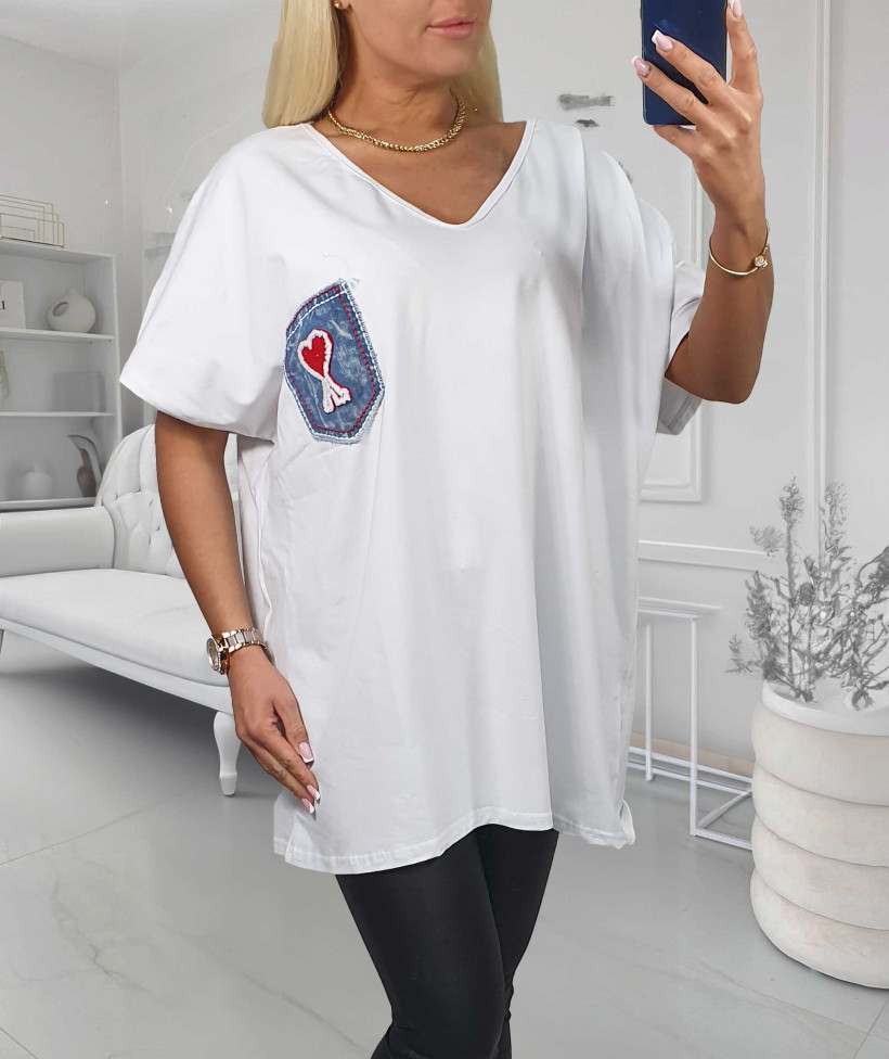 Bluzka Bawełniana Plus Size z jeansową naszywką - biała