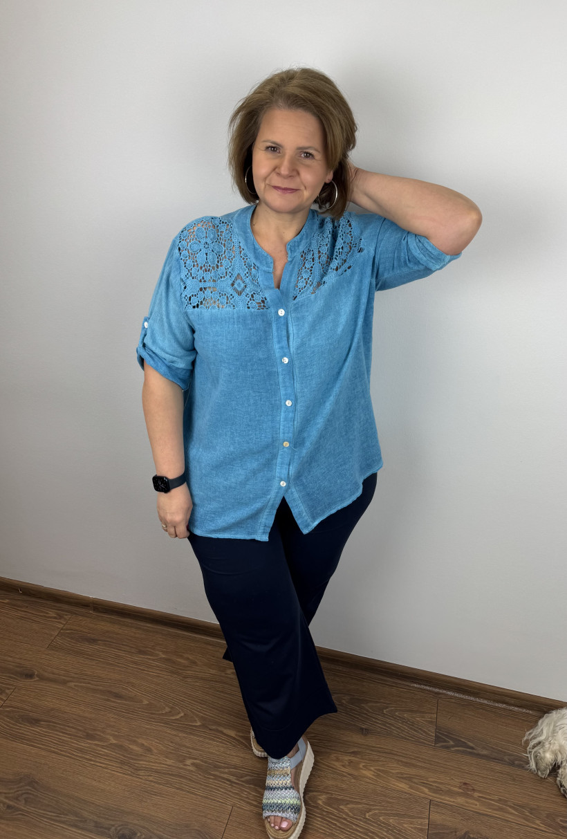 Koszula na stójcde, gipiura na górze - wł. - 3593 - turkus