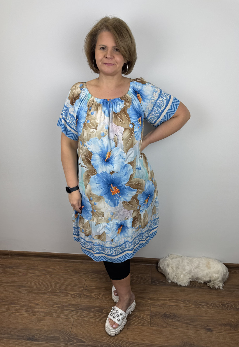 Sukienka/Tunika hiszpanka, kwiaty - wł. -  24245 - błekitna