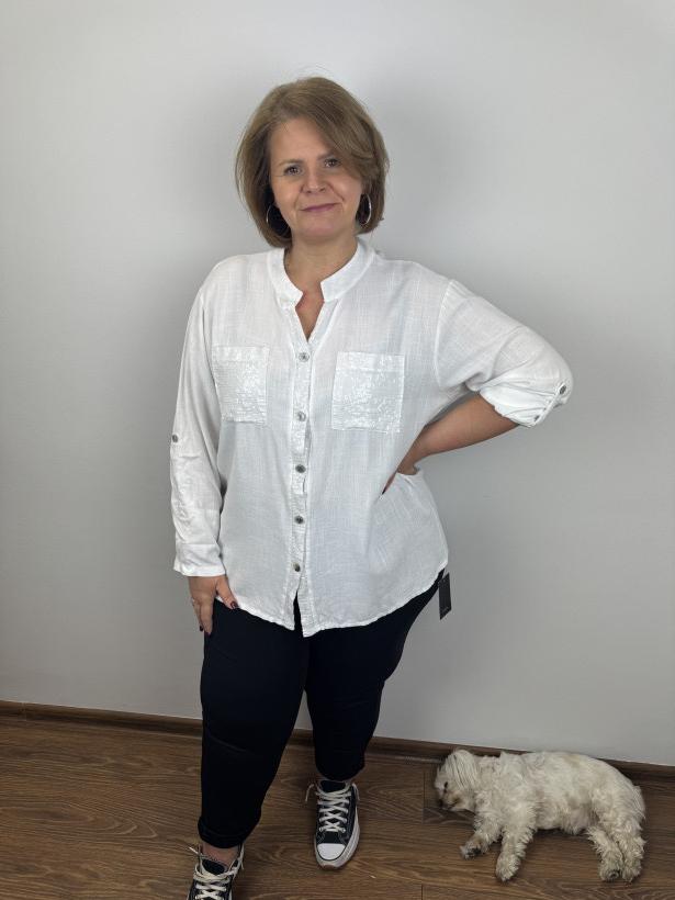 Koszula ze stójką, pas gipury w tyle - wł. - 3290 - biała