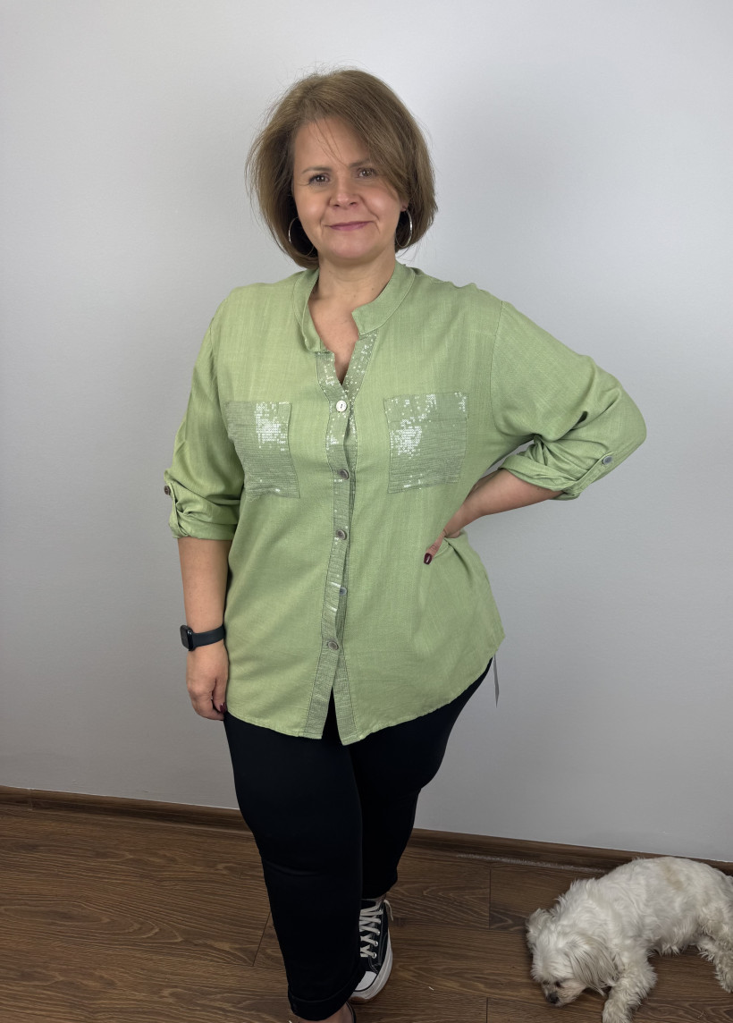 Koszula ze stójką, pas gipury w tyle - wł. - 3290 - zielona oliwka