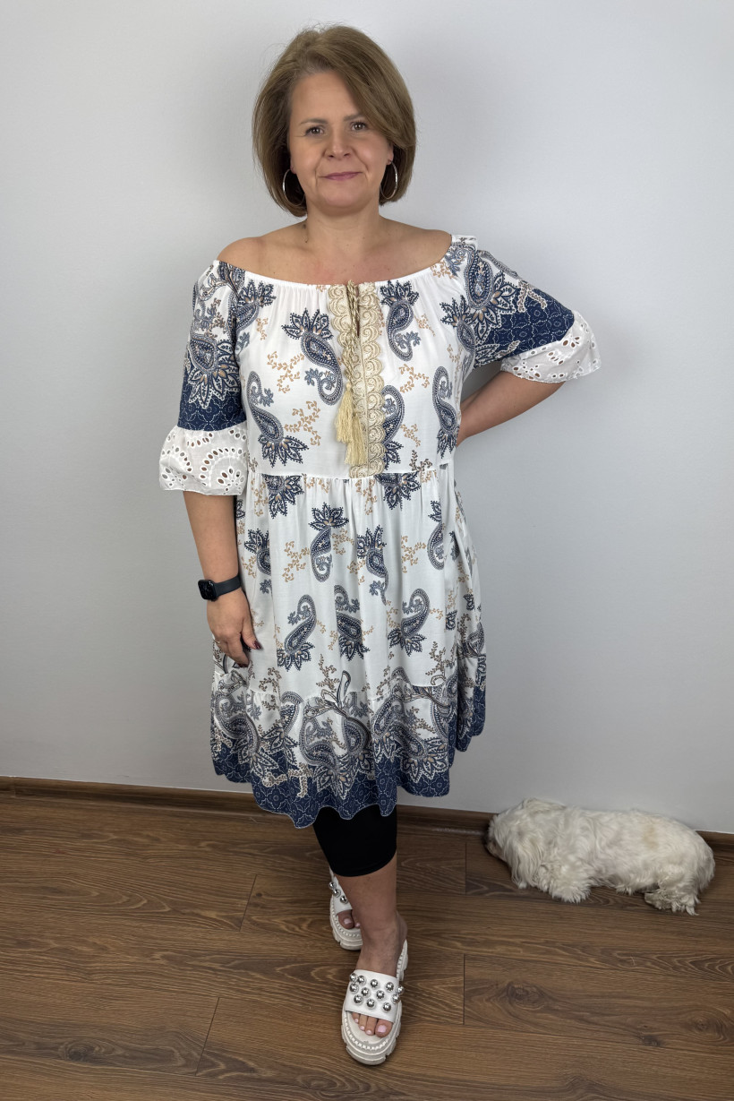 Sukienka hiszpanka boho, wiązany dekold, wzór grecki - wł. - 8018 - biała