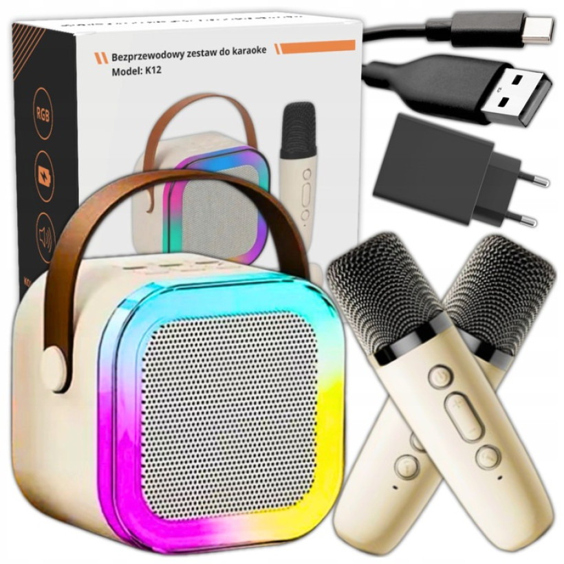 Bezprzewodowy Zestaw Do Karaoke Dla Dzieci Bluetooth Głośnik + 2 mikrofony BEŻOWY
