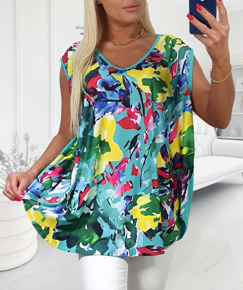 Top Plus Size Milly Kwiaty Turkus