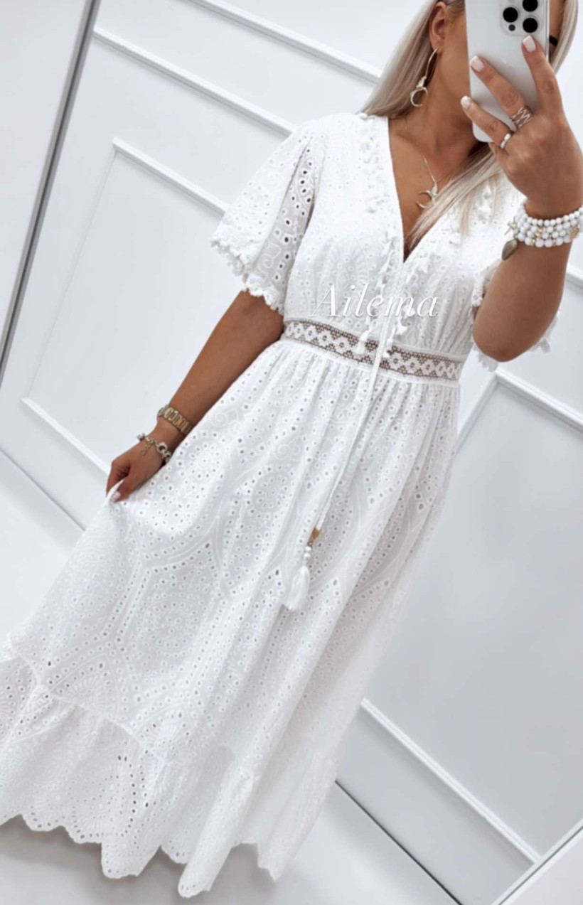 Sukienka maxi  boho ab1303 frędzelki na dekolcie, ażurkowa  