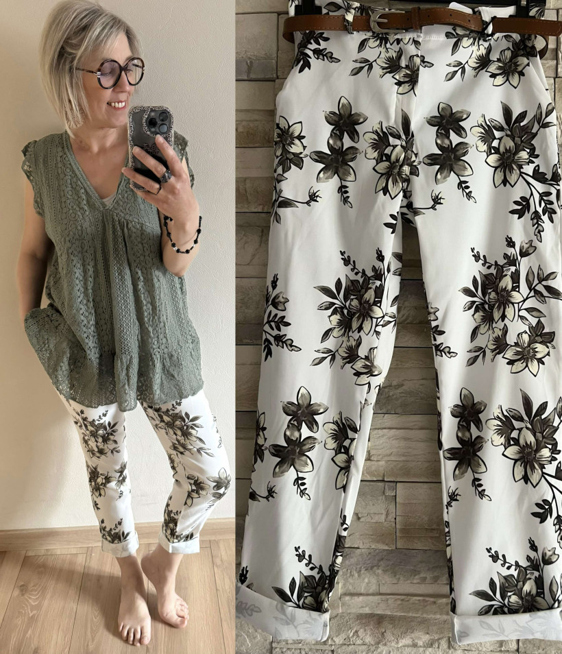 pantalon chino imprimé fleur verte + ceinture