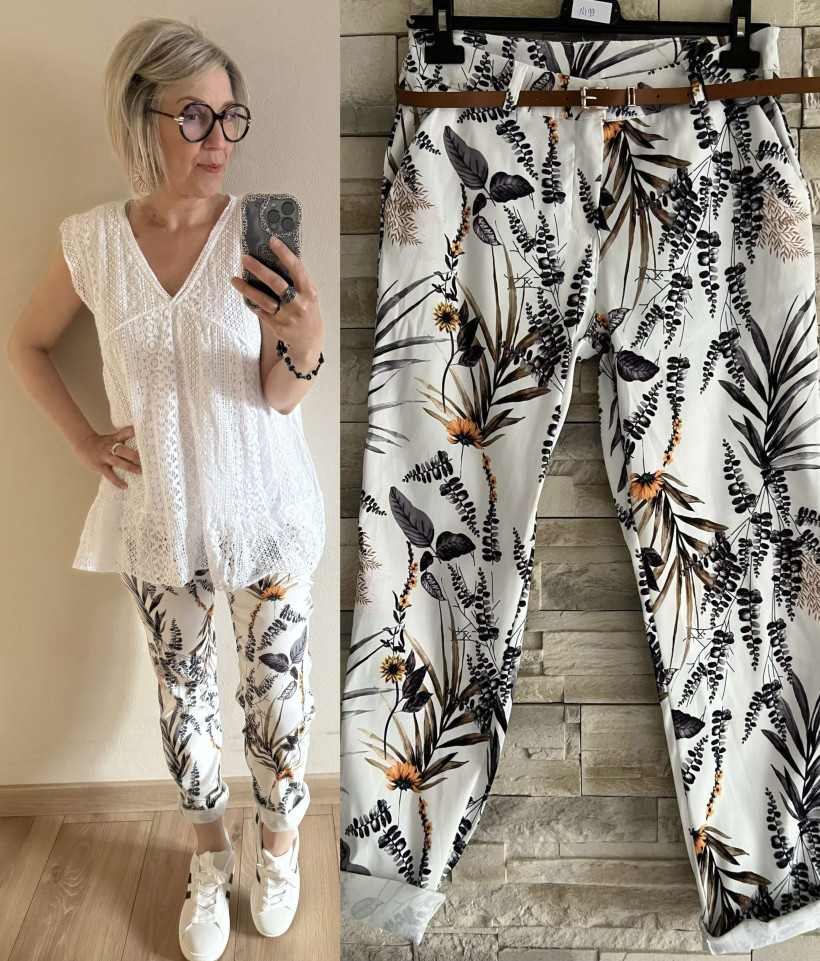 pantalon chino imprimé feuillage orange + ceinture 