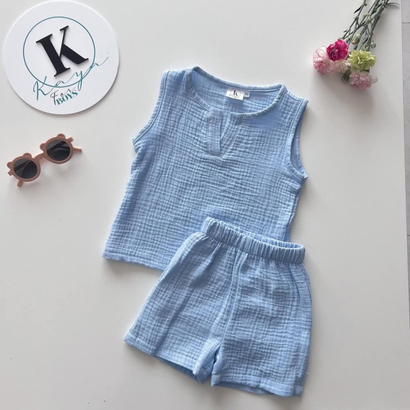 KOMPLET MUŚLIN BŁĘKIT BLUZKA RAMIĄCZKA + SZORTY  KAYA