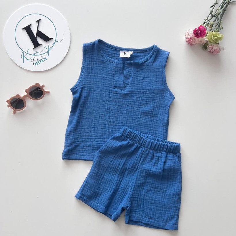 KOMPLET MUŚLIN NIEBIESKI BLUZKA RAMIĄCZKA + SZORTY KAYA