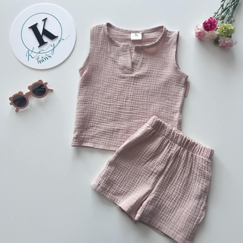 KOMPLET MUŚLIN BEŻOWY BLUZKA RAMIĄCZKA + SZORTY KAYA