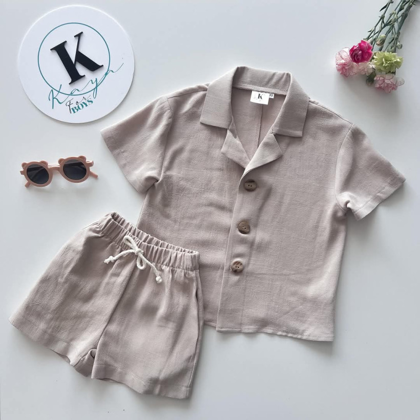 KOMPLET BEŻOWY KOSZULA + SZORTY LEN I WISKOZA KAYA