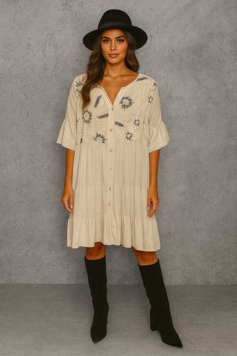 SUKIENKA FALBANA HAFTOWANE KWIATY GRANATOWE