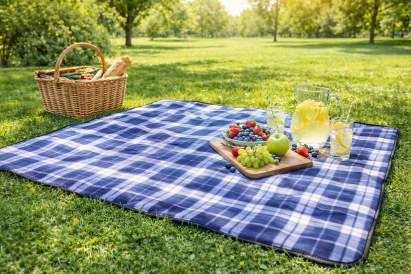 Koc piknikowy z izolacją termiczną – wodoodporna mata plażowa 150x180cm niebieski