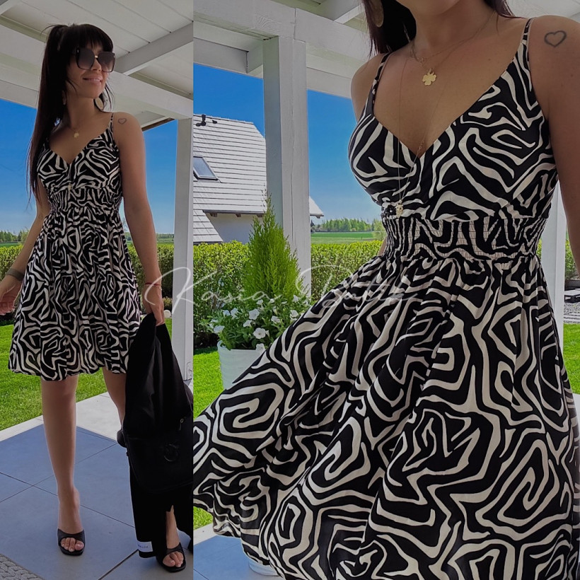 Sukienka Wiskozowa Miss Sara Mini Zebra Beżowo&Czarna
