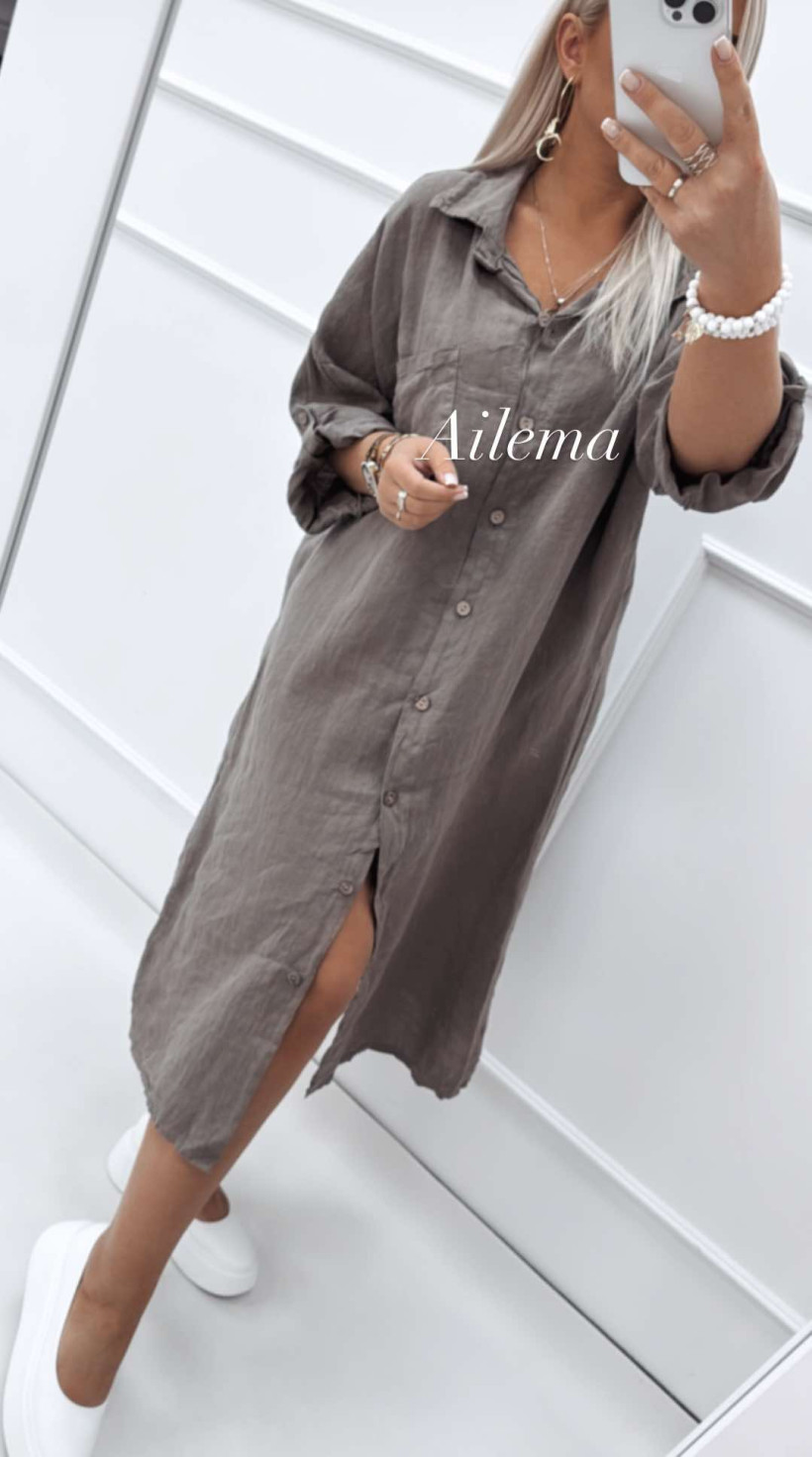 Sukienka koszulowa lniana ab1387 midi na guziczki