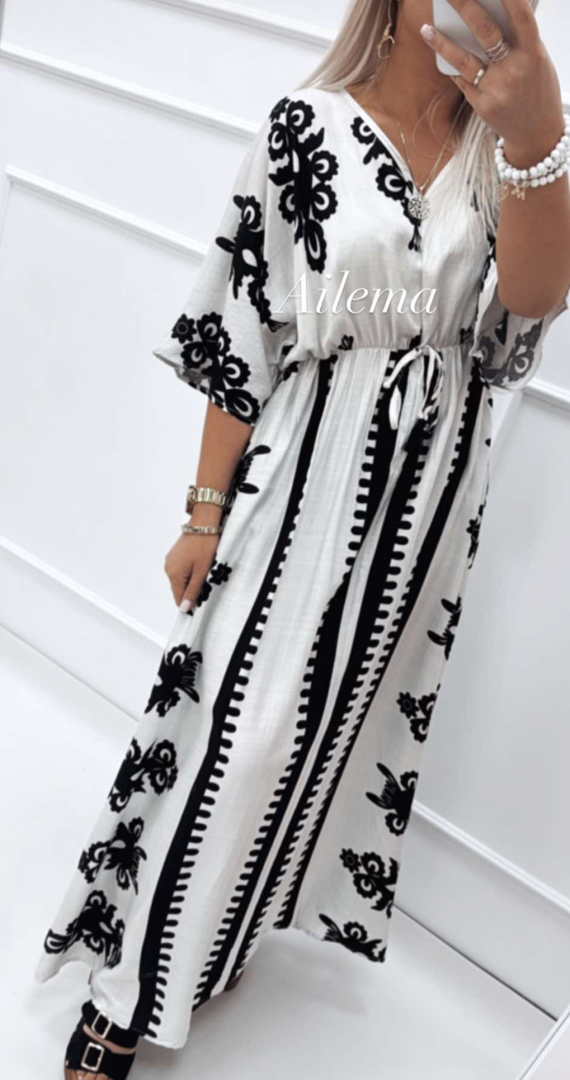 Sukienka maxi LHfashion VHL5083 dekolt V, gumka w pasie, dekolt V
