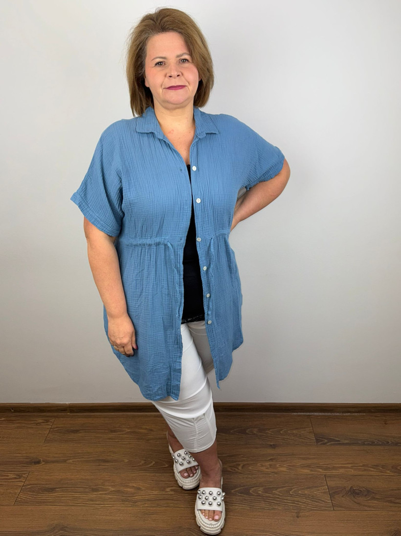 Tunika koszulowa zapinana na guziki, wiązana w pasie, muślinowa - wł. - 10934 - jeans