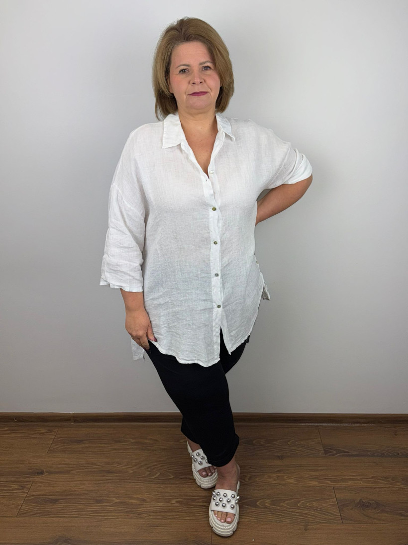 Koszula lniana dłuższa, guziki na boku - wł. - 2006 - biała