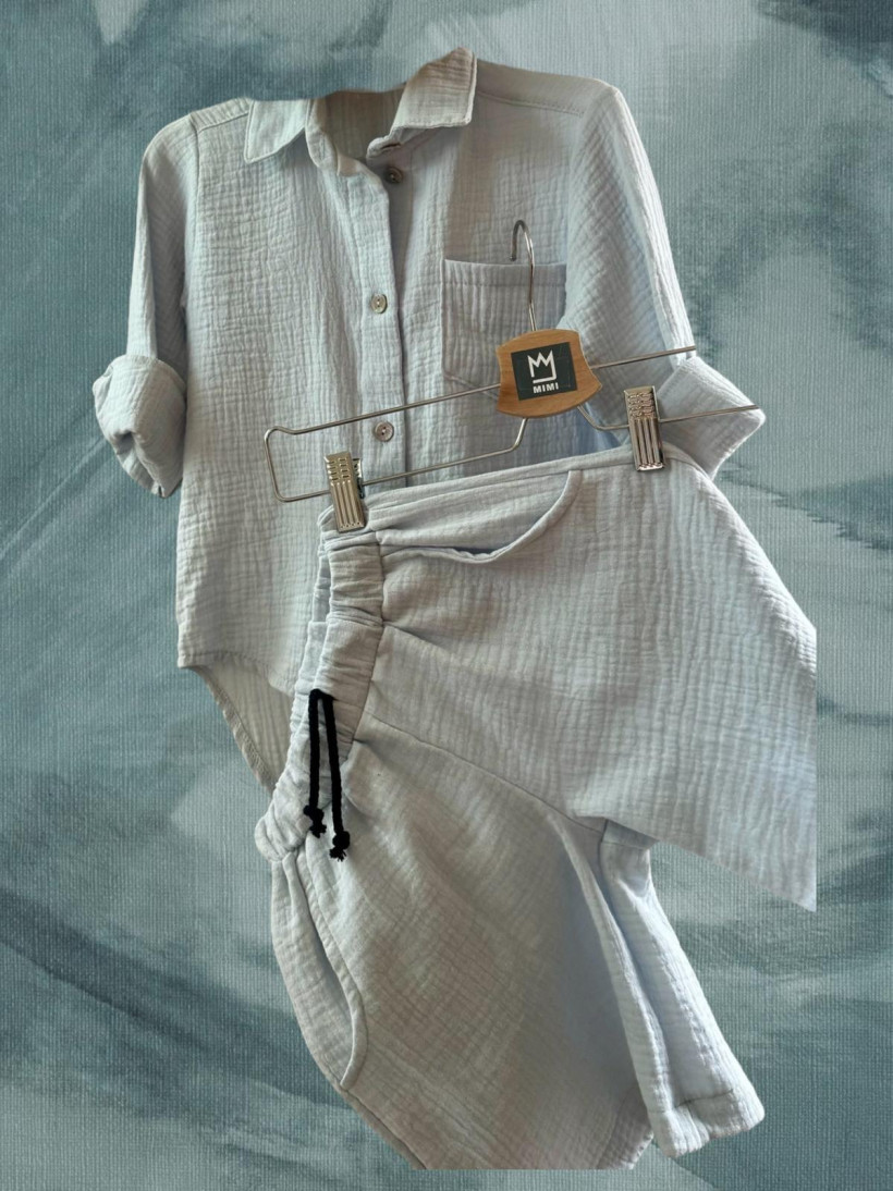 KOMPLET MUŚLIN BŁĘKITNO - SZARY MIMI