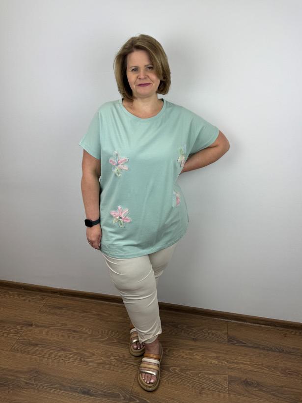 Bluzka jednokolorowa, tęczowe kwiaty - seraj - 3445 - mięta