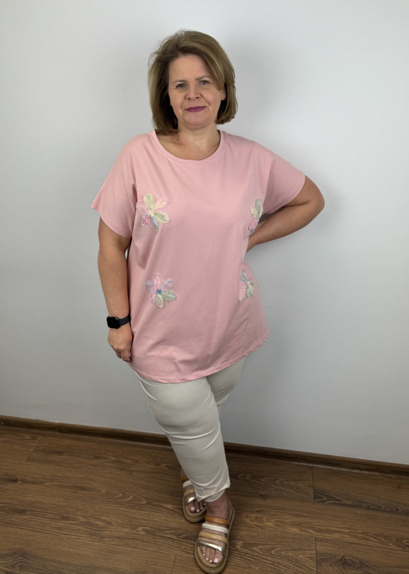 Bluzka jednokolorowa, tęczowe kwiaty - seraj - 3445 - pudrowa