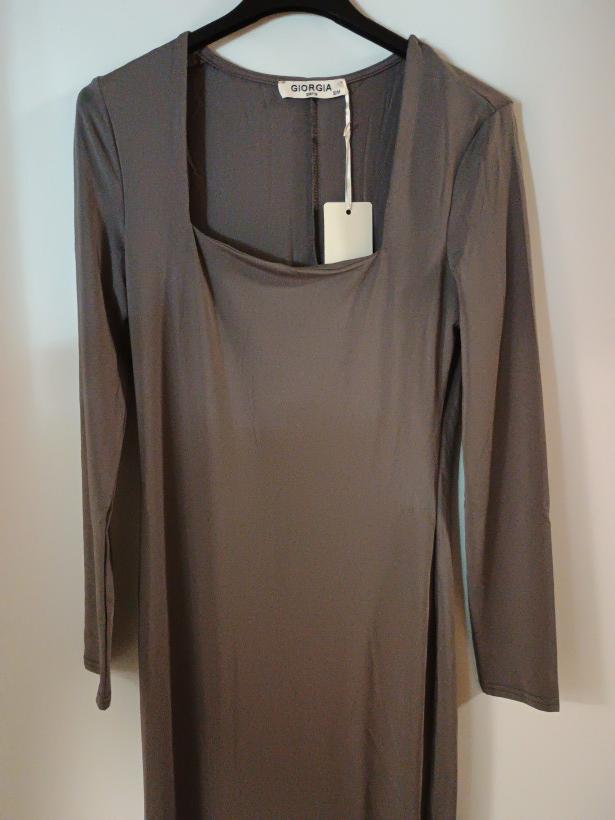 Długa sukienka szara dekolt WYPRZEDAŻ