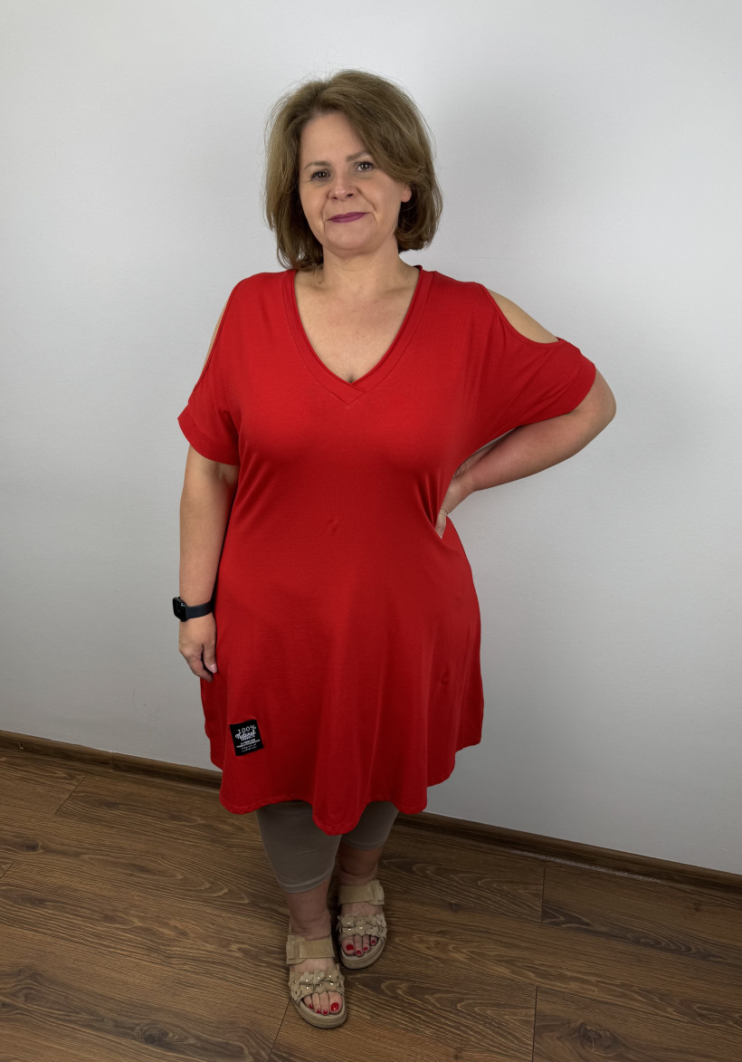 Sukienka/Tunika jednokolorowa w szpic, otwarte ramiona - wł. - 11113 - czerwona