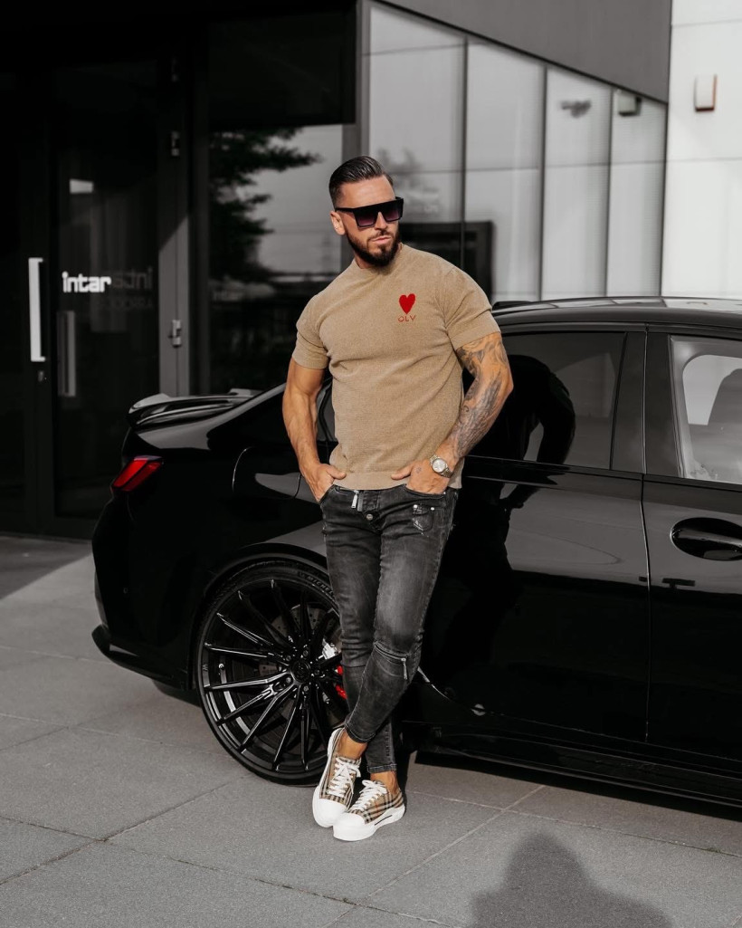 dzianinowy t-shirt męski LUV beż