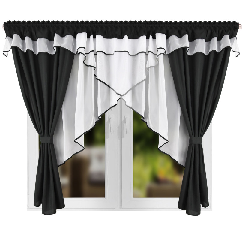 Zestaw dekoracyjny z zasłonami – czarny komplet firan z lambrekinem 400x150 cm L624
