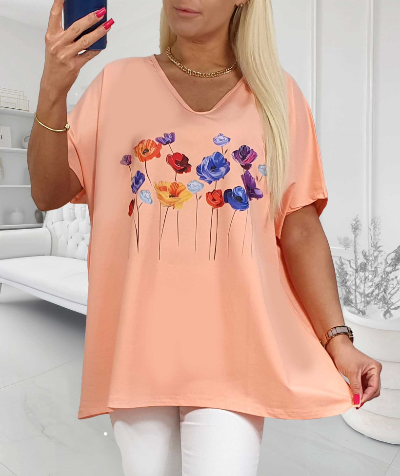 Bluzka Bawełniana Plus Size KWIATKI - morela