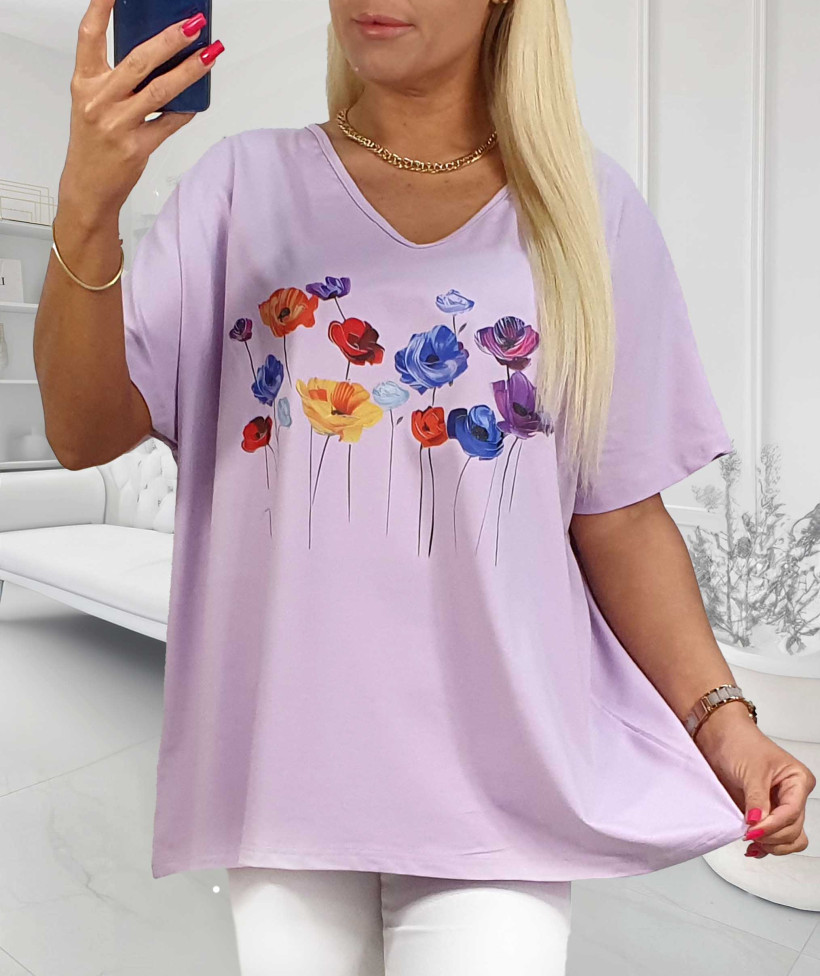 Bluzka Bawełniana Plus Size KWIATKI - lila