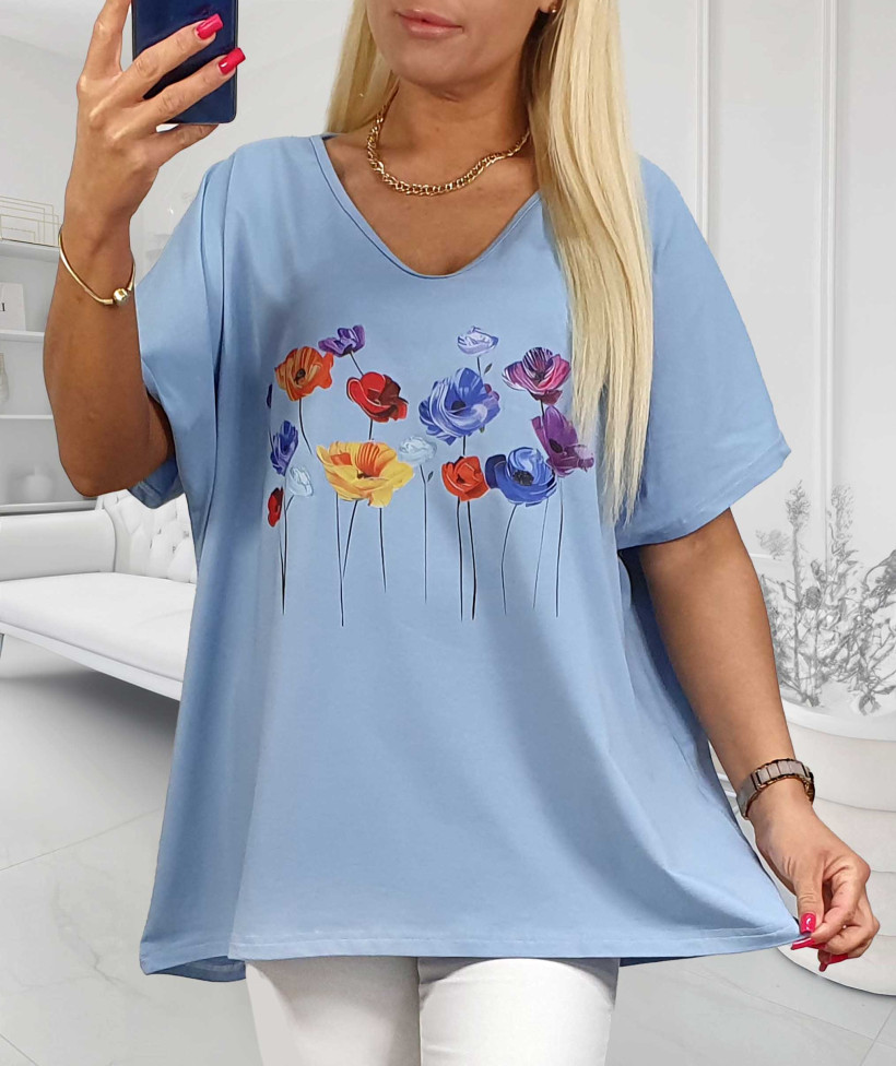 Bluzka Bawełniana Plus Size KWIATKI - błękit