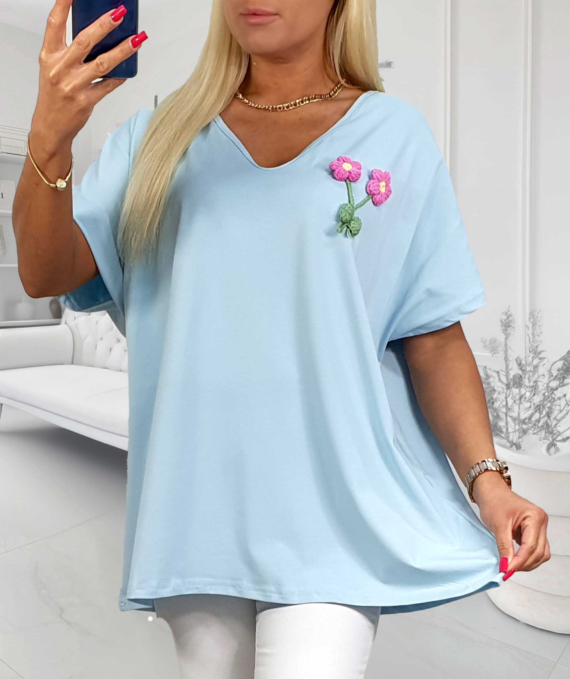 Bluzka Bawełniana Plus Size WEŁNIANE KWIATKI - niebieska