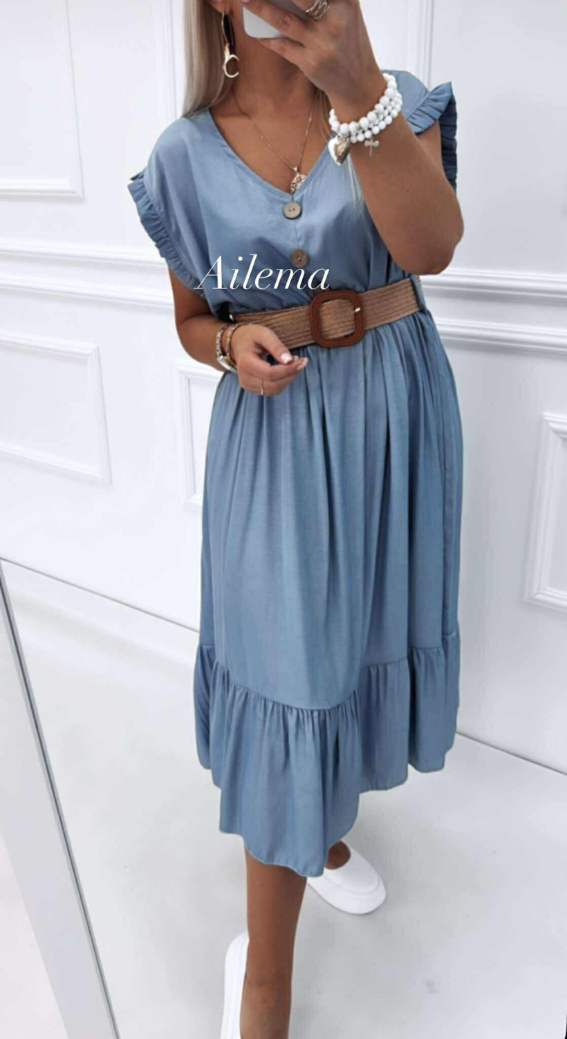 Sukienka midi ab1499 guziki przy dekolcie, pleciony pasek, materiał jeans