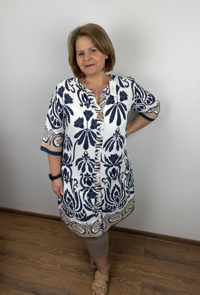 Sukienka prosta, drewniany guzik, wzór grecki, muślinowa - wł. - 2517