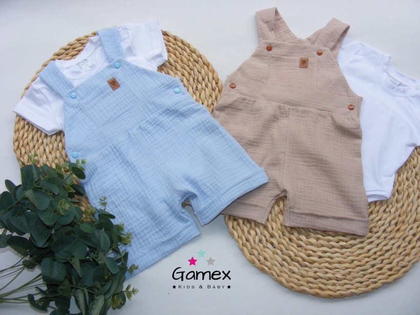 KOMPLET BEŻOWE OGRODNICZKI MUŚLIN + BODY GAMEX
