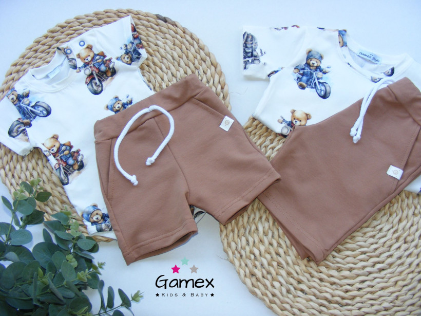 KOMPLET BODY (68-86)/ BLUZKA (92-116) MIŚ NA MOTORZE +SZORTY GAMEX